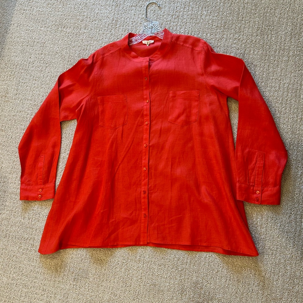 Eileen Fisher Orange Long Sleeve Button Down Linen Top, Size Large